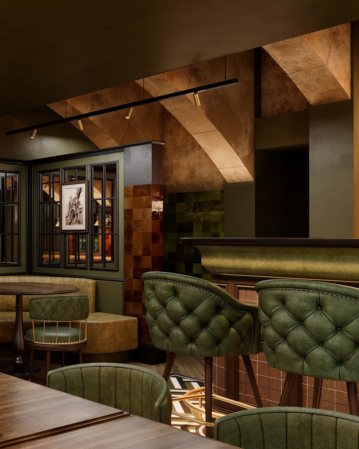 Render of tufted green leather bar chairs beside a curved banquette and a green tiled bar corner in a gastropub