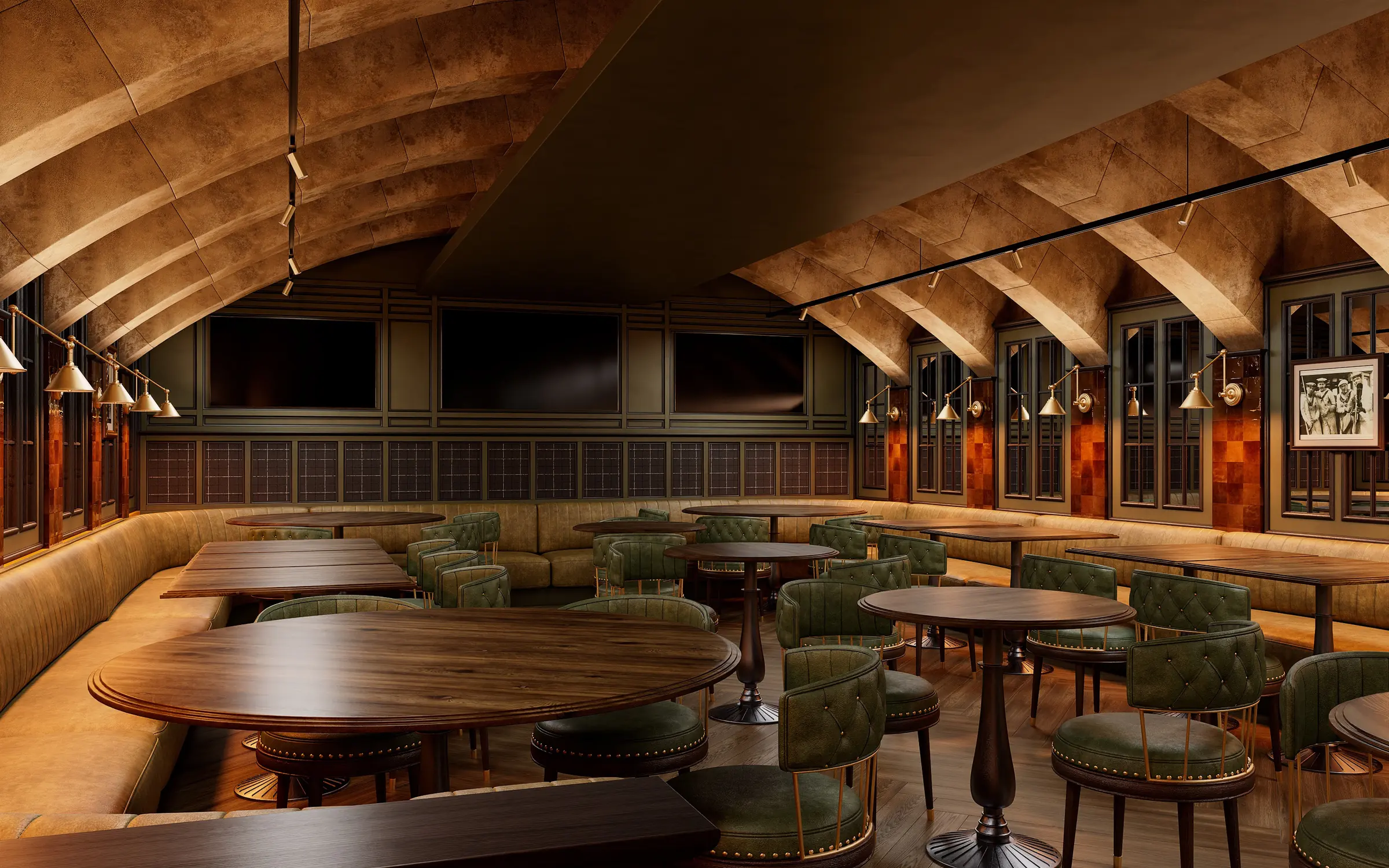 Render of the gastropub dining area with three large screens switched off above a paneled wall, round tables and green leather chairs