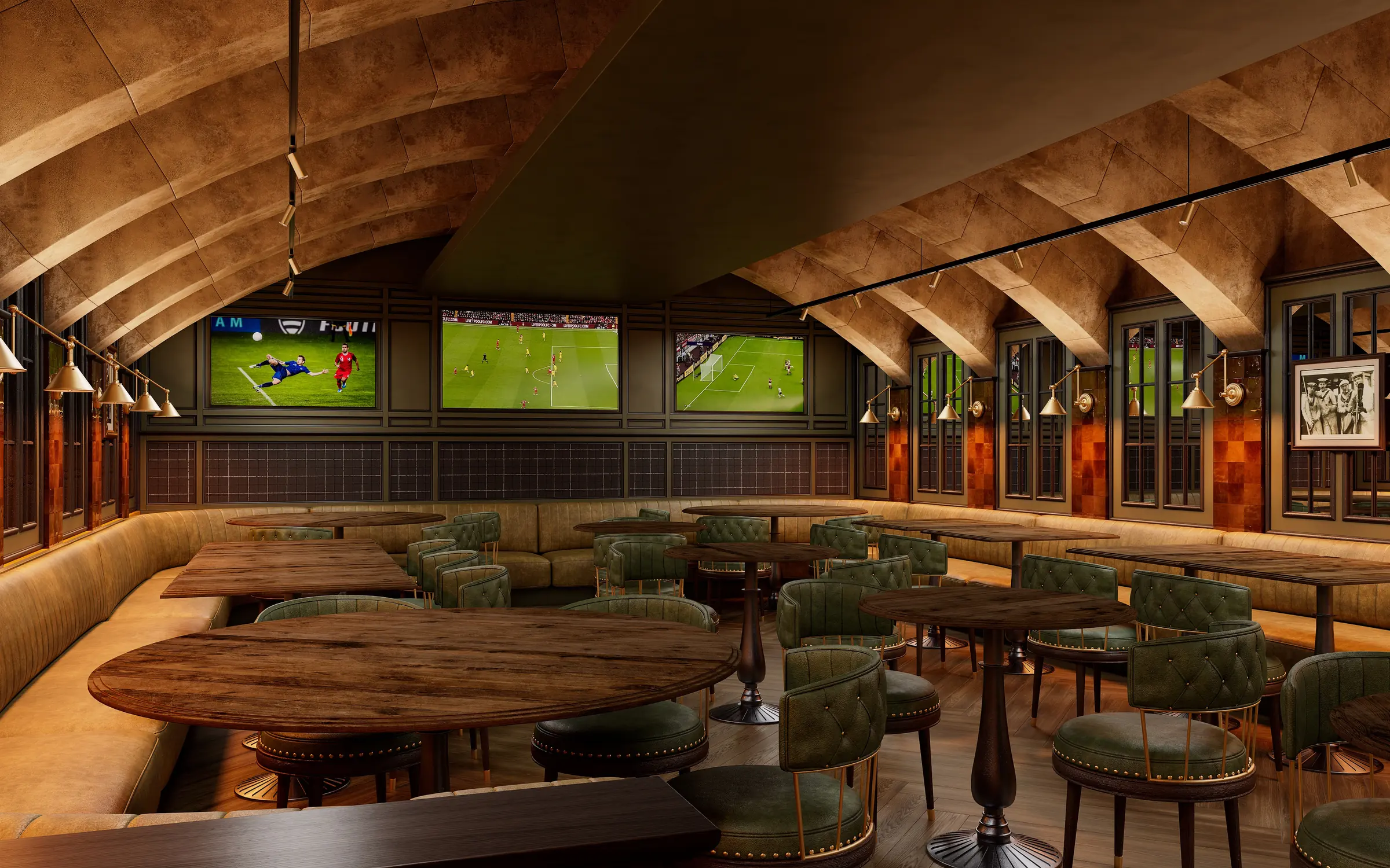 Render of a gastropub dining area with three large screens showing football above a paneled wall, round tables and green leather chairs