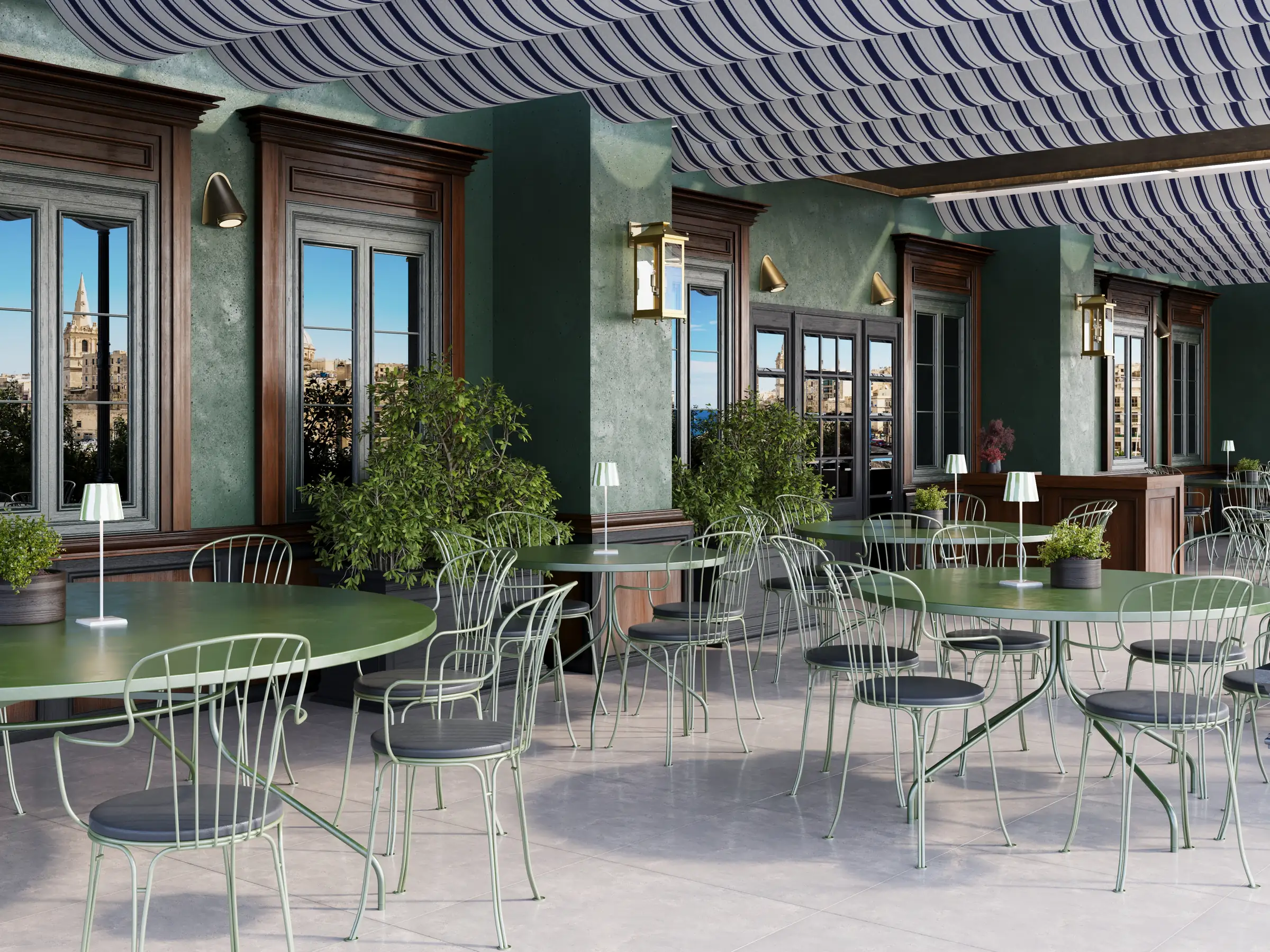 Render of a gastropub terrace with green walls, a striped awning, green metal tables and chairs, small trees in planters and a view over the city