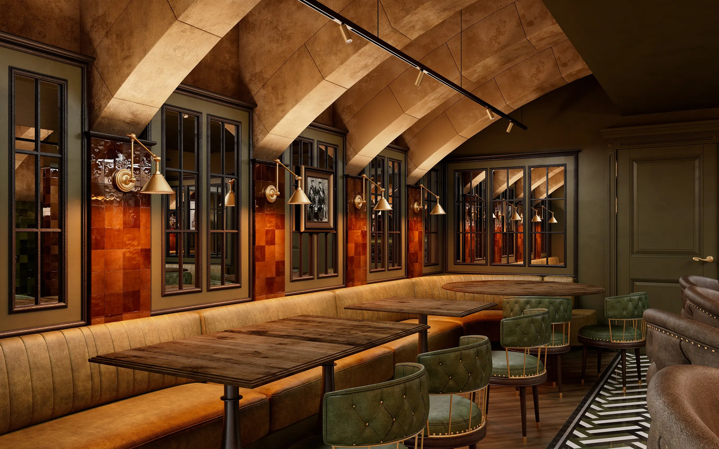 Render of a gastropub with leather banquettes and plank tables along mullioned windows under arched vaults, with brass wall lamps and a tufted leather armchair