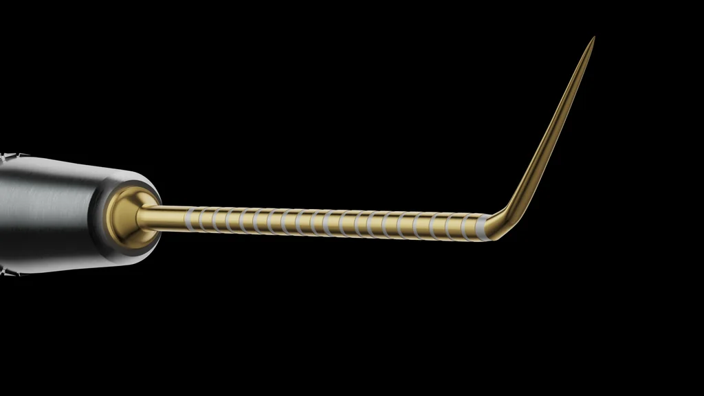 3D medical animation still of an angled gold dental probe on a black background