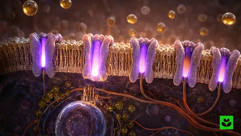 Mechanism of action animation still of glowing receptors in a cell membrane