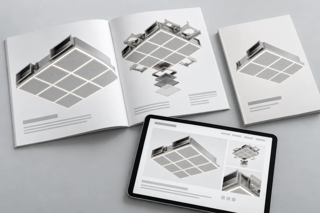 Render of an open product catalogue, a brochure and a tablet showing renders of an operating room air module