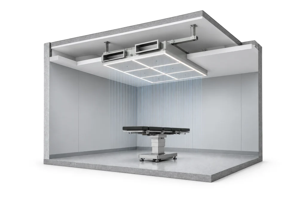 Cutaway render of an operating room section with airflow falling from a ceiling air module over the operating table