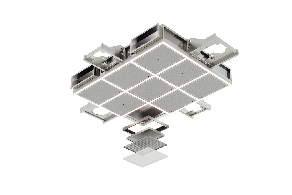 Exploded view render of an operating room air module with the diffuser panel, filter and seal layers separated below the housing