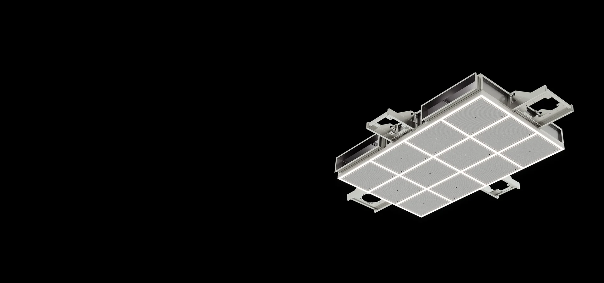 Render of a twelve-panel operating room air ceiling module with LED light strips, seen from below on a black background