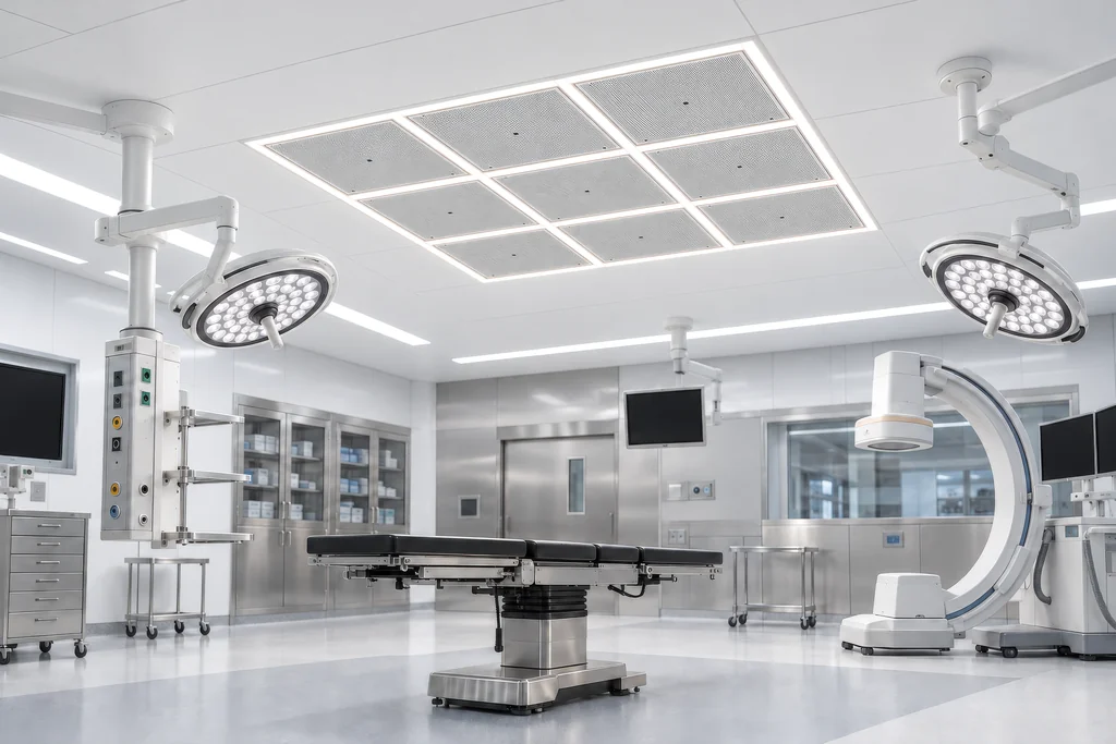 Render of a hybrid operating room with a nine-panel laminar airflow module in the ceiling above the operating table, surgical lights and a C-arm