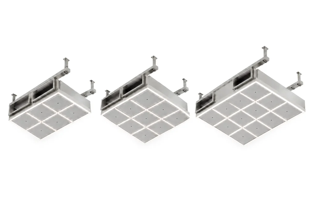 Render of three operating room air modules of one series, with six, nine and twelve panels, side by side on a white background