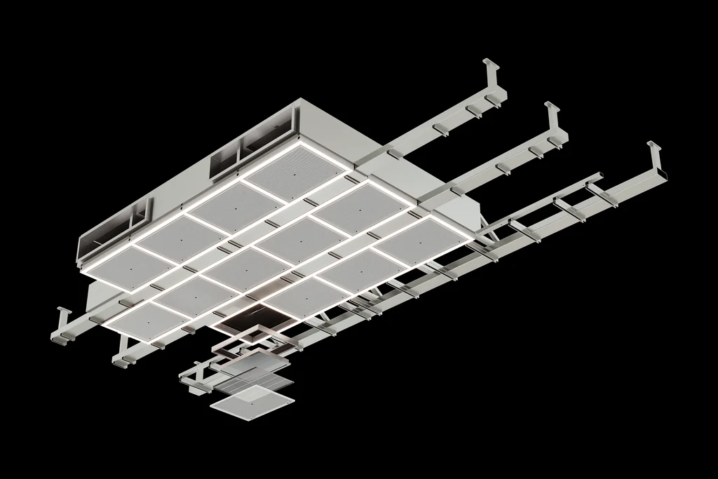 Render of an operating room air module with its diffuser panel lowered, hanging from suspension rails on a black background