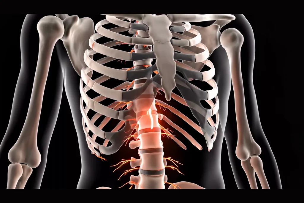 CGI of a rib cage and spine with the spinal nerves highlighted on a dark background
