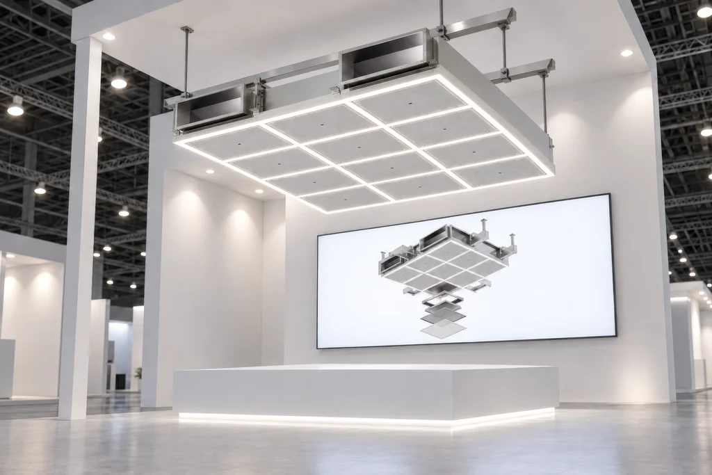 Render of a medical trade show booth with an air module suspended above a plinth and its exploded view on the back screen