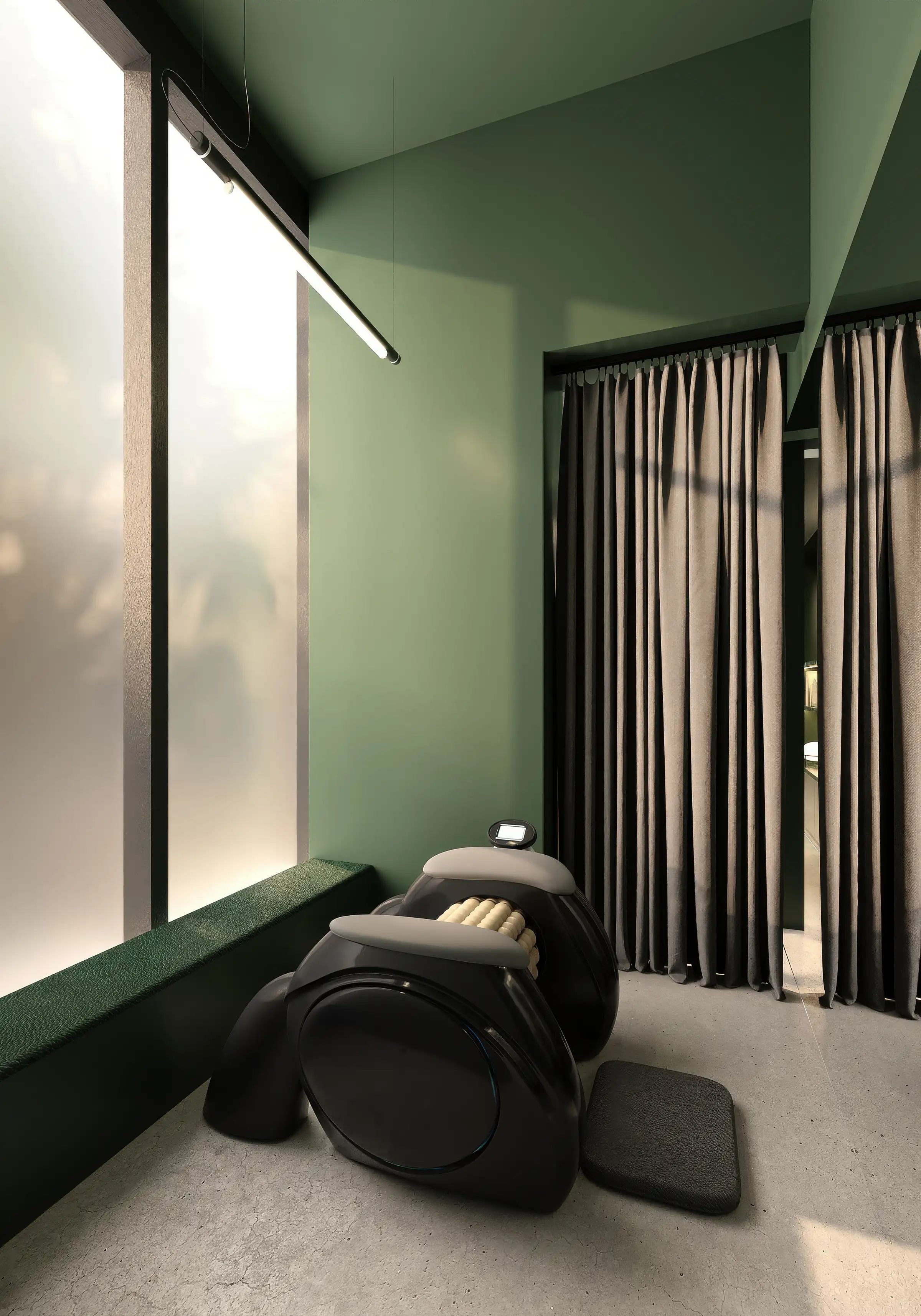 Render in staand formaat van een bodyroller-ruimte met een massagerollermachine, donkere gordijnen en groene wanden