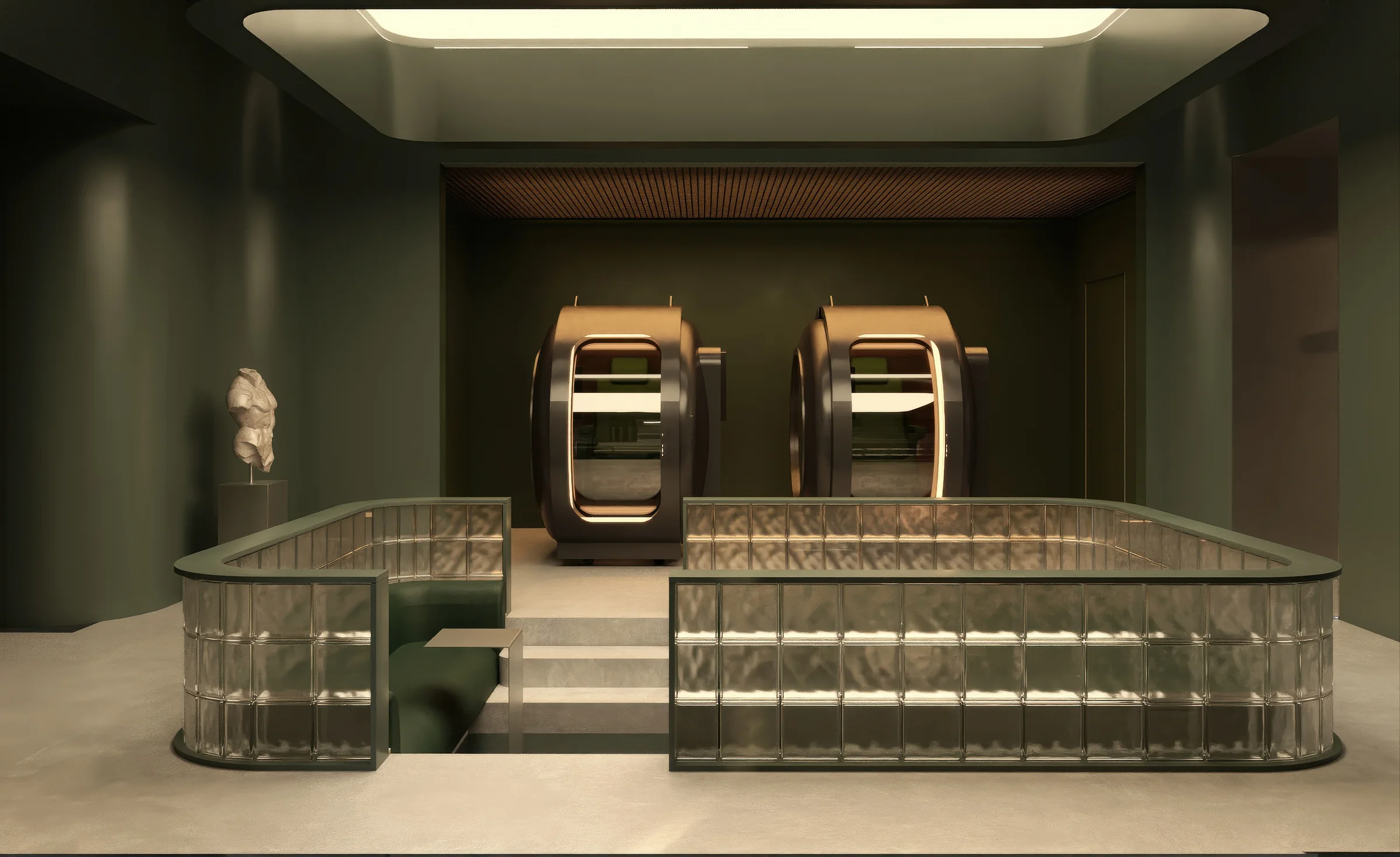 Frontale render van de centrale lounge van een wellnessclub met een balie van glazen bouwstenen, groene wanden en twee hyperbare kamers erachter