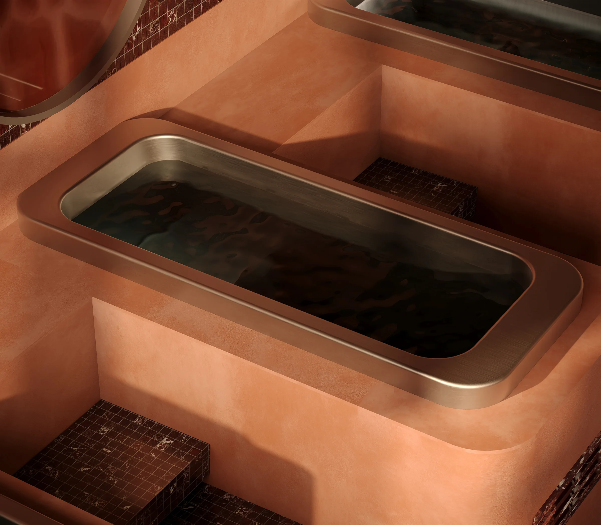 Render van een ijsbad met een bronzen rand, ingebouwd in terracotta stucwerk, met donkere mozaïektreden
