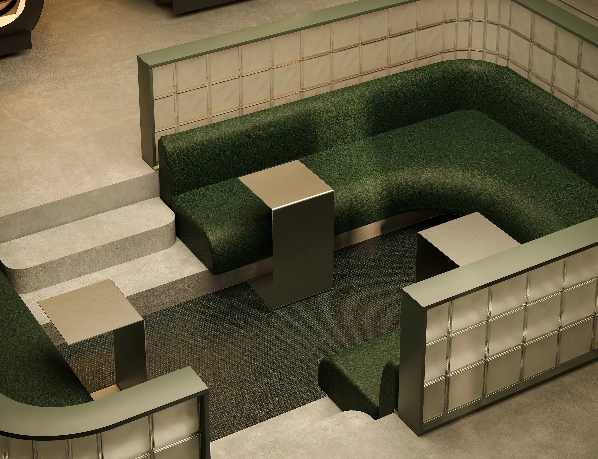 Render van een verzonken lounge van glazen bouwstenen met groen gestoffeerde zitmeubels en stalen bijzettafels in een wellnessclub