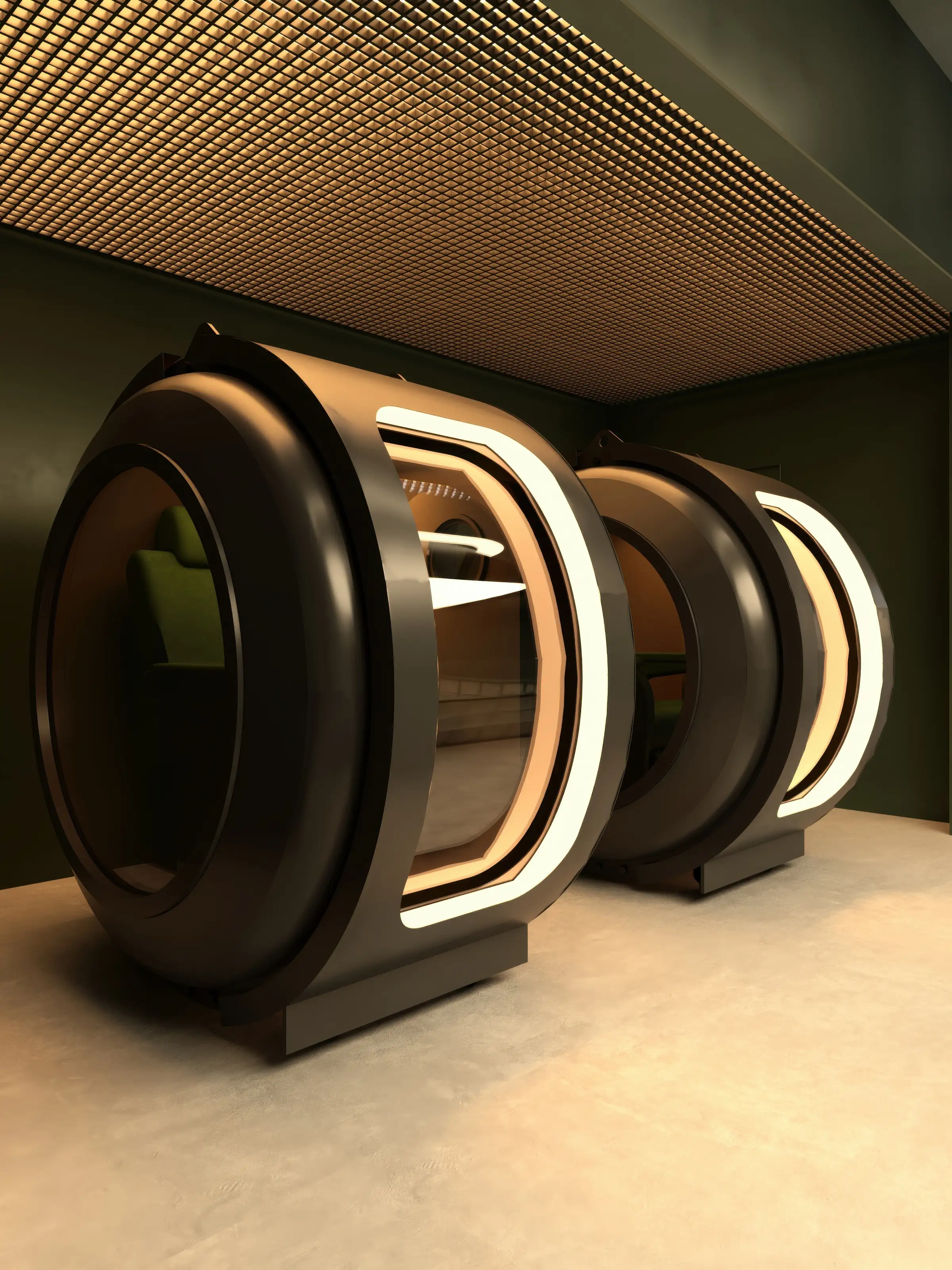 Render in staand formaat van een ruimte met twee verlichte hyperbare capsules, een plafond van houten lamellen en groene wanden