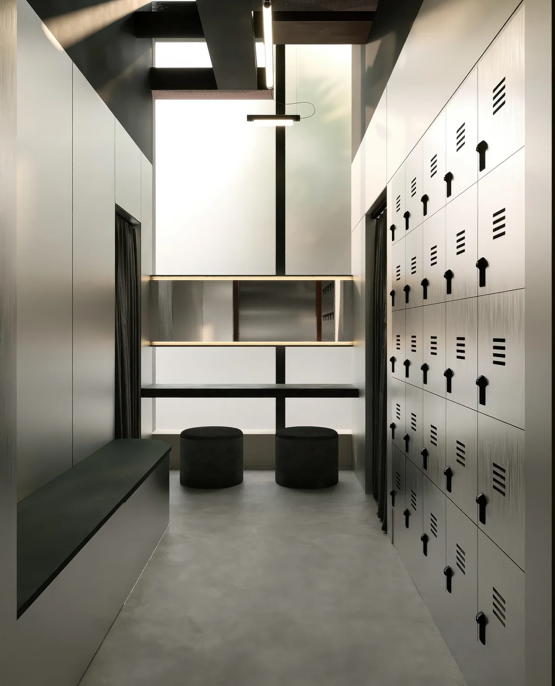 Render in staand formaat van een kleedruimte in een wellnessclub met grijze lockers, een donkere bank, ronde krukken en een matglazen raam