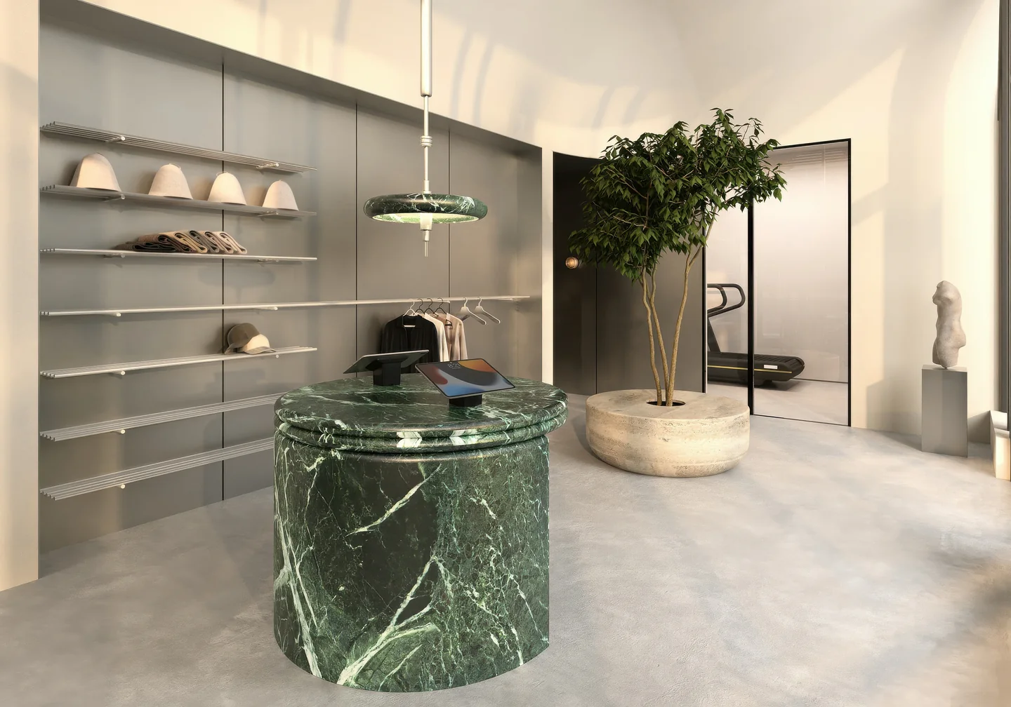 Render of a wellness club reception with a green marble counter, a retail wall with shelves and a tree