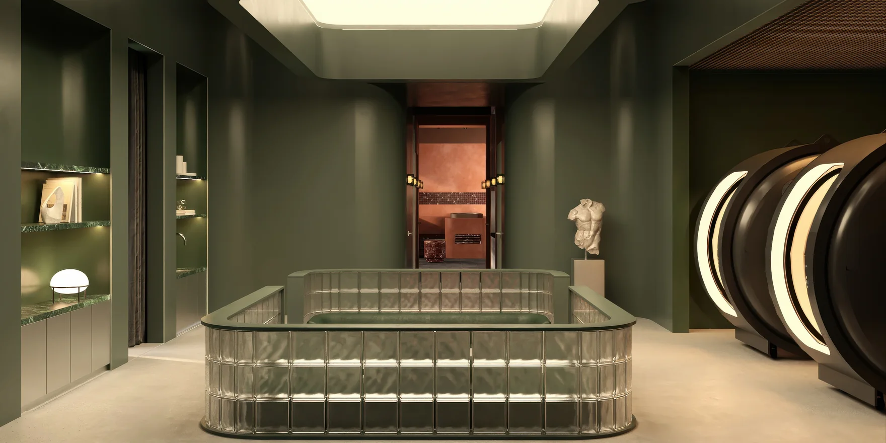 Render van een lounge in een wellnessclub met een zithoek van glazen bouwstenen, groene wanden, een klassiek beeld en twee verlichte hyperbare kamers