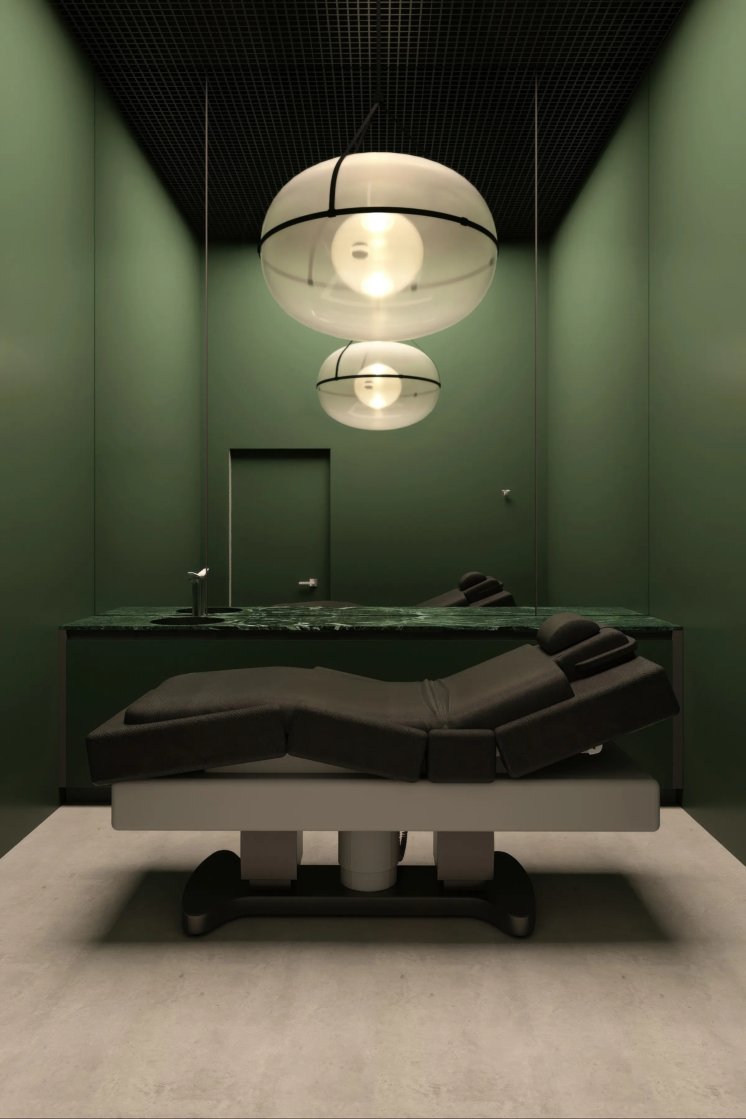 Render in staand formaat van een behandelkamer met een behandelbank, twee glazen hanglampen en groene wanden