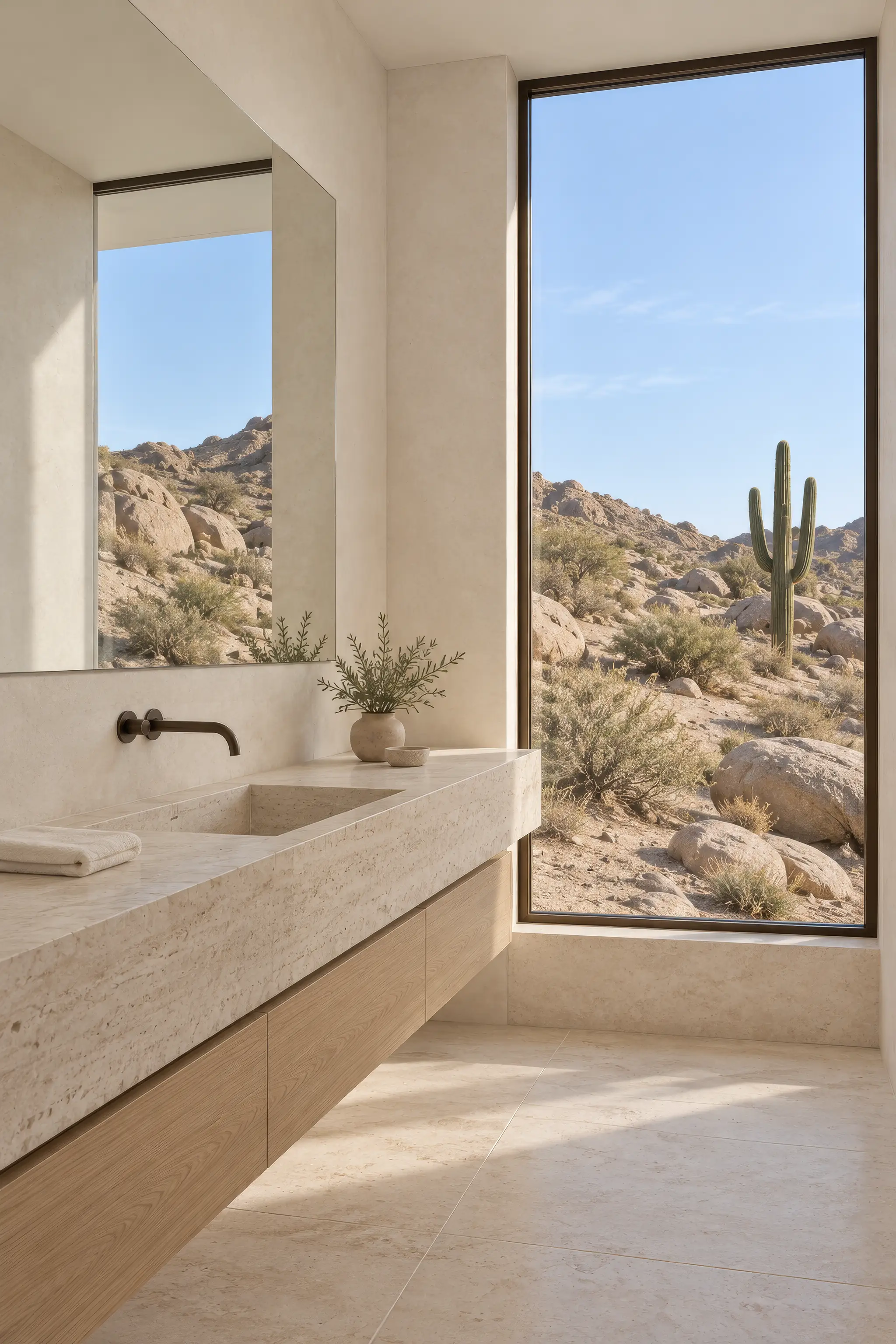 Portrait interior concept render of a bathroom with a stone vanity, a black faucet and a tall window to the desert