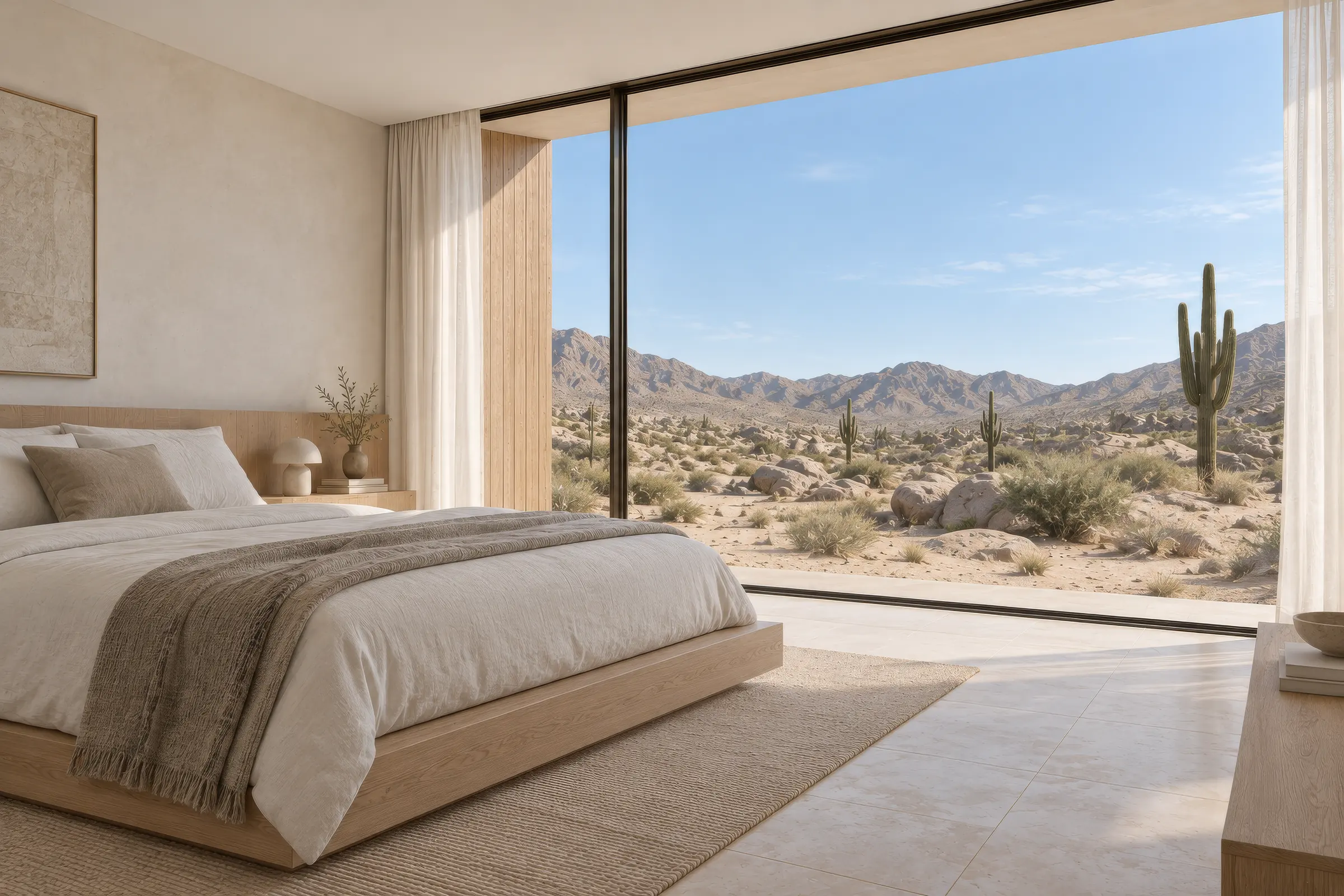 Interior concept render of a bedroom with a low timber bed, linen bedding and a glass wall facing the desert