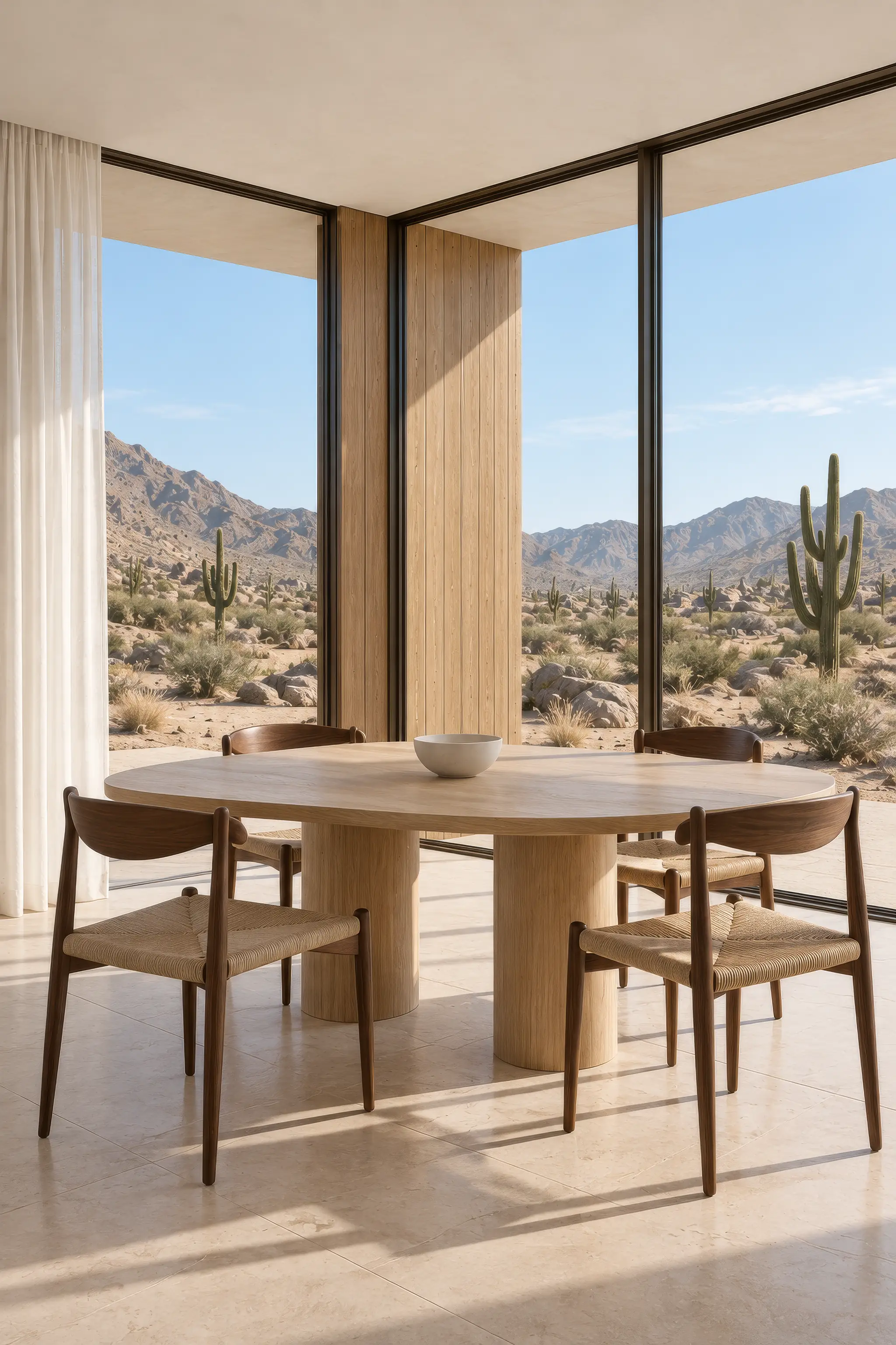 Portrait interior concept render of a dining area with a round timber table and a glass corner facing cacti