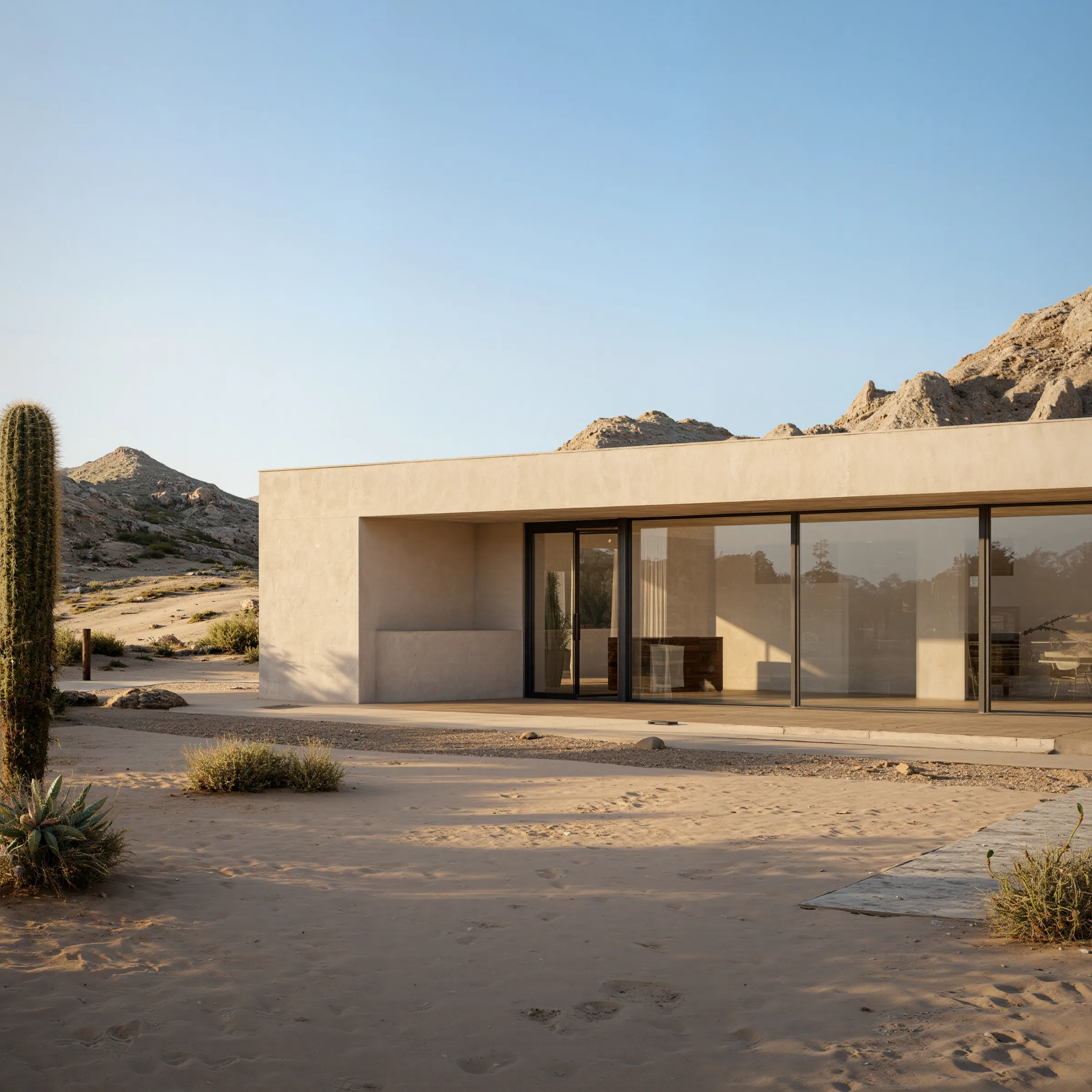 Render of the entrance front of a modern desert house with a glass door, a pale concrete wall and a cactus