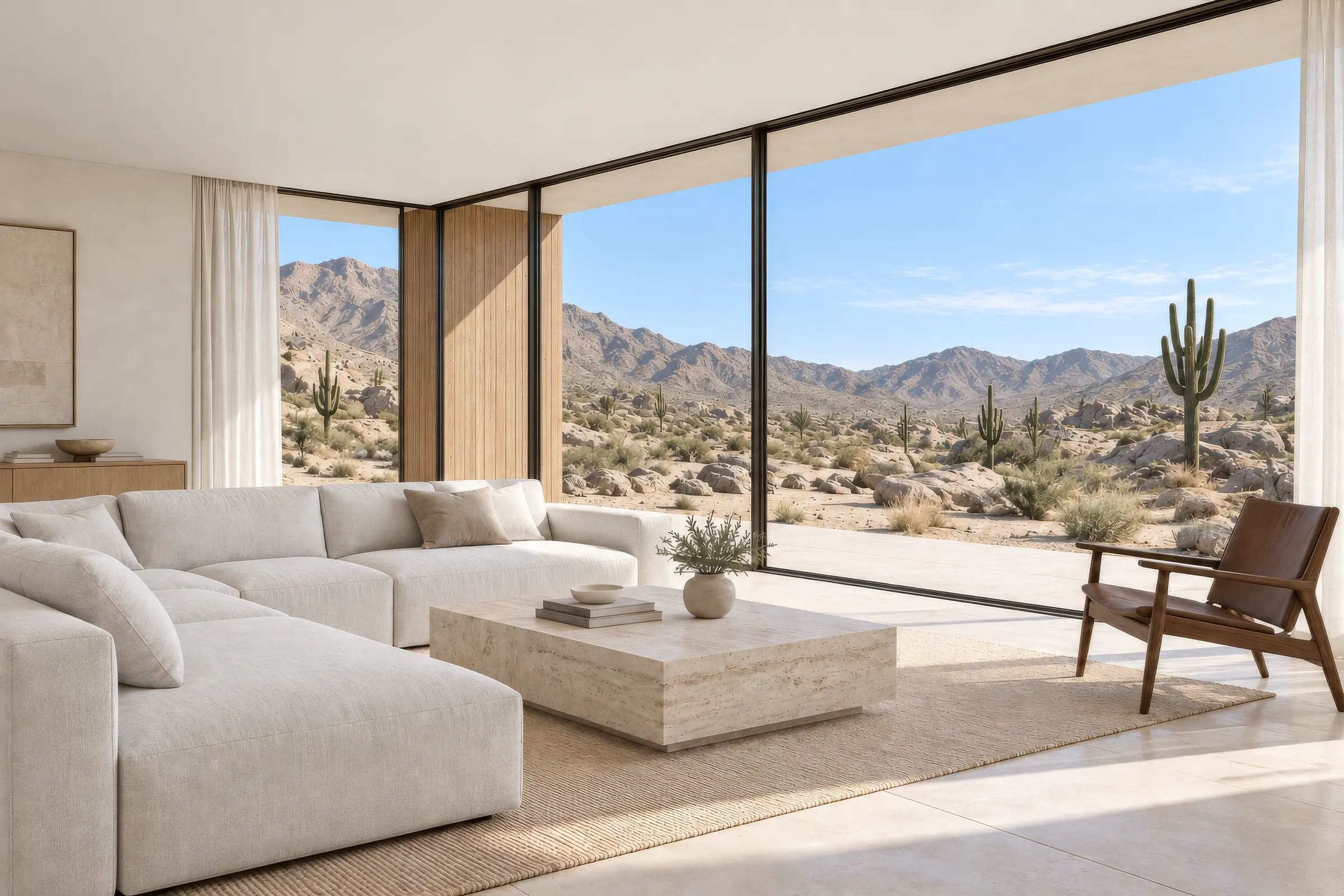 Interior concept render of a living room with a white sectional sofa, a stone coffee table and full-height glass to the desert