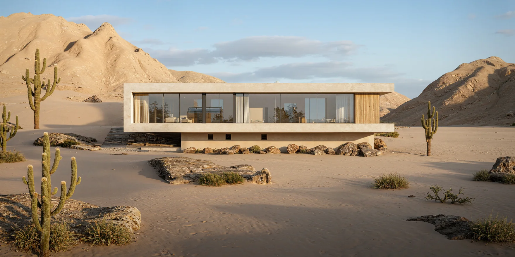 Render of a modern single-storey desert house with a pale concrete frame and long bronze-framed glazing among sand dunes and cacti