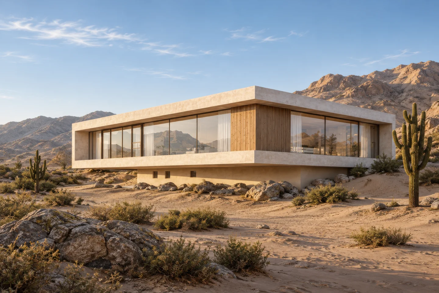 Render of a modern desert pavilion among boulders and tall cacti with rocky mountains behind