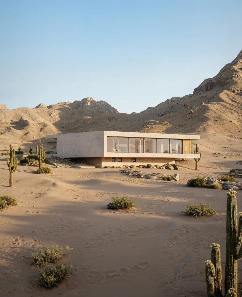 Portrait render of a low concrete pavilion with long glazing in a wide desert valley between bare mountains