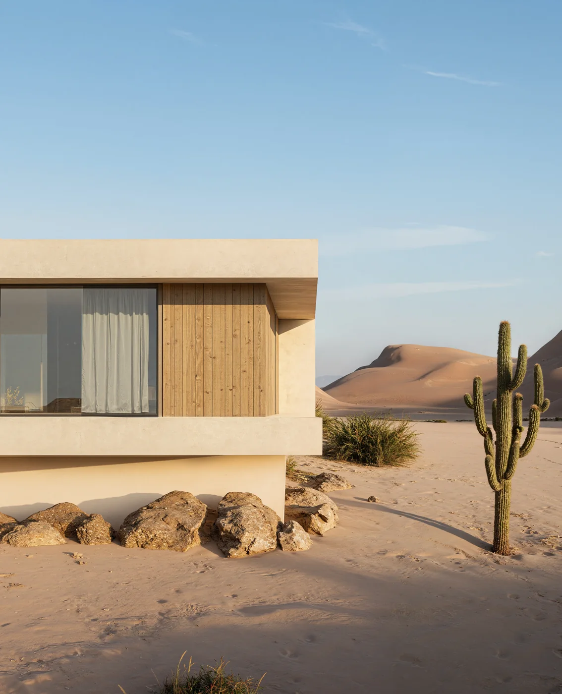 Render of the corner of a modern desert house with a timber panel, a glass wall, boulders and a tall cactus