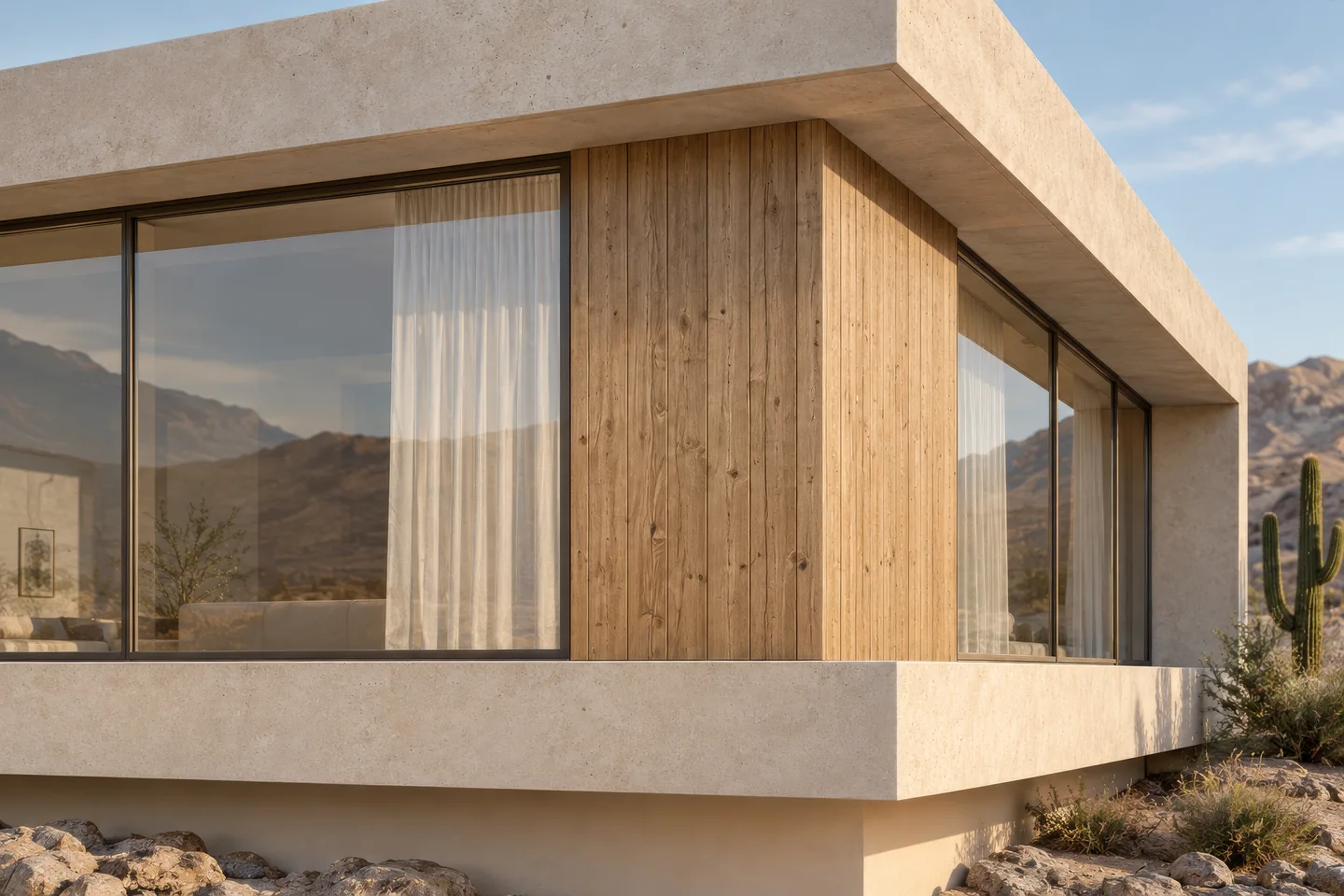 Close-up render of a timber-clad glass corner of a desert house with slim bronze profiles and a concrete frame