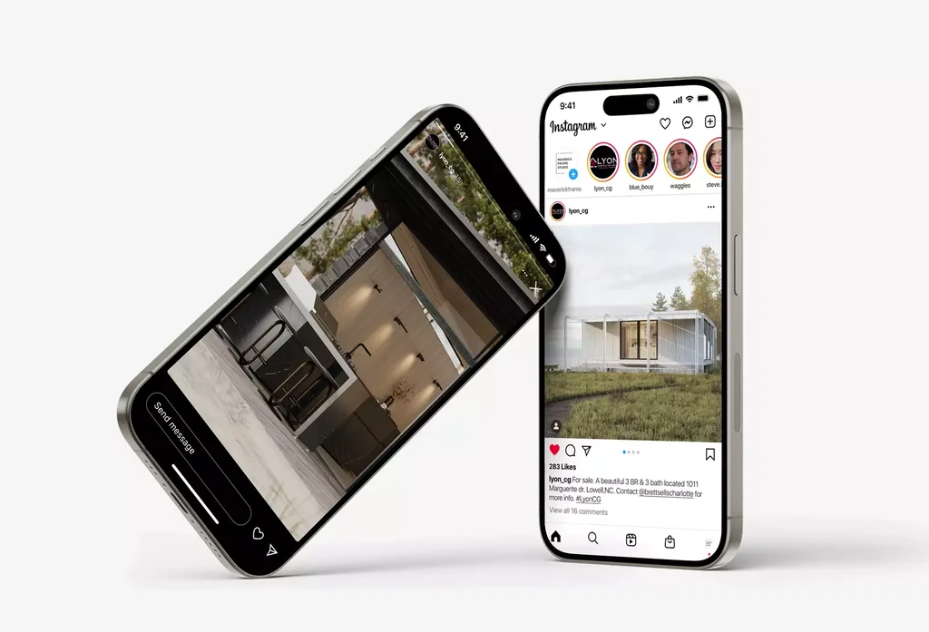 Two smartphones showing social media posts with renders of a modular home exterior and its interior