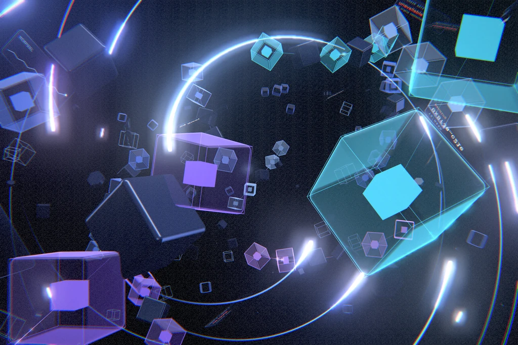 Motion design frame of glass blocks pulled into a vortex of light streaks