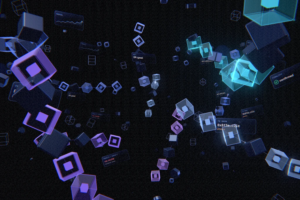 3D motion design frame of glass blocks in brand colours floating in space