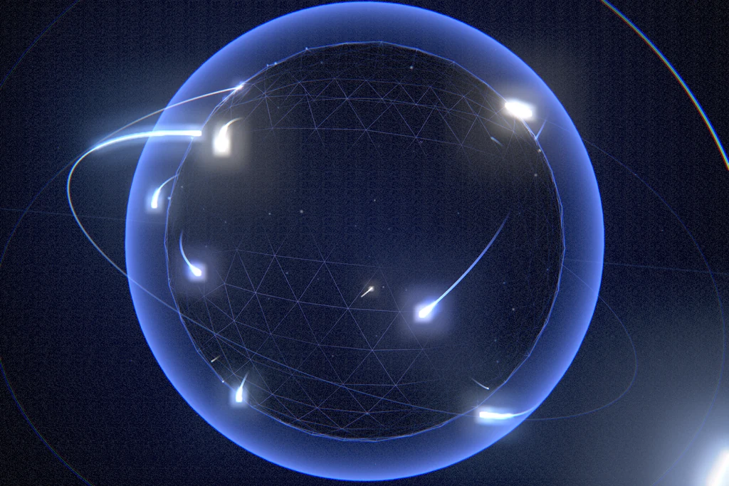 3D motion graphics frame of a glowing network globe with light trails for a stage screen