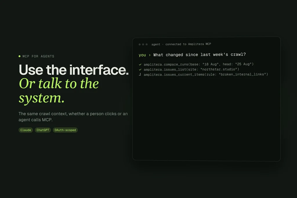 Motion graphics frame of a terminal where an AI agent asks a crawler what changed