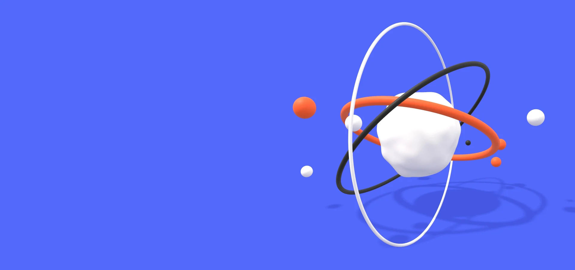 White clay shape inside orange, black and white rings with small spheres on a blue background, a 3D motion design loop
