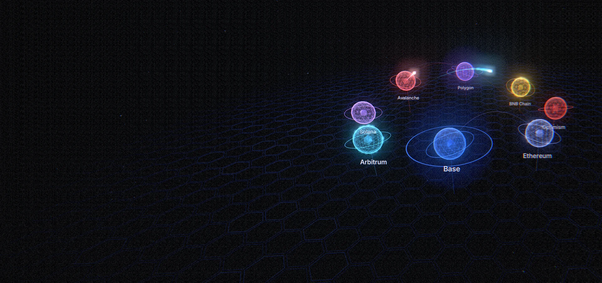 Eight blockchains drawn as glowing planets in a 3D motion design scene from a concept launch film for Chainlink