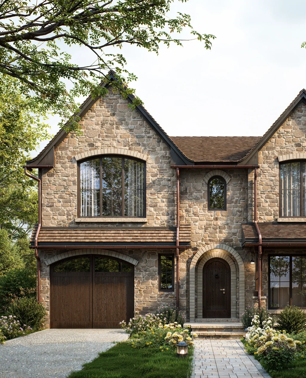Portrait render of stone gables with arched windows, an arched garage door and an arched entry above a paved drive and lawn
