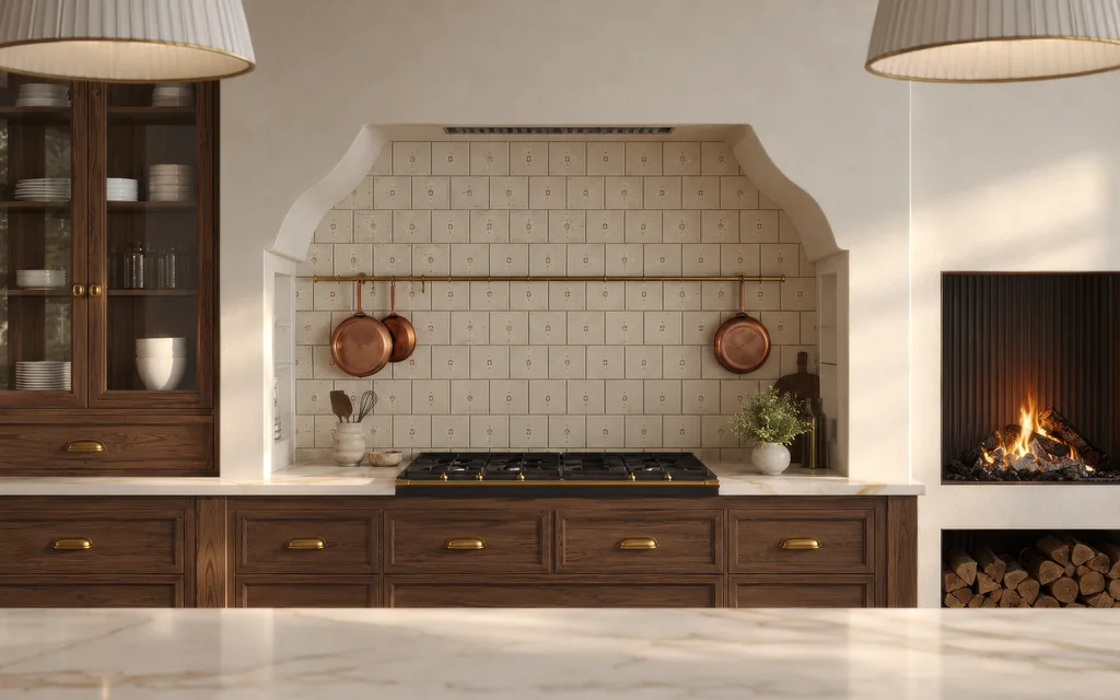 Render of a range set in an arched plaster alcove lined with patterned tile, with copper pans on a brass rail and walnut drawers