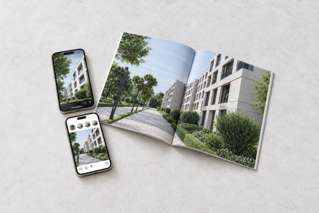 Two phones with social media posts and an open leasing brochure, all showing renders of the same apartment complex