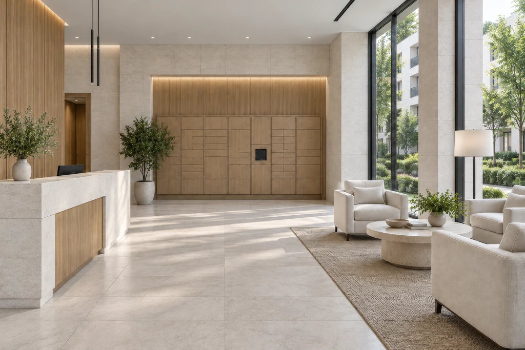 Render of an apartment building lobby with a stone concierge desk, an oak wall of parcel lockers and a lounge by tall windows