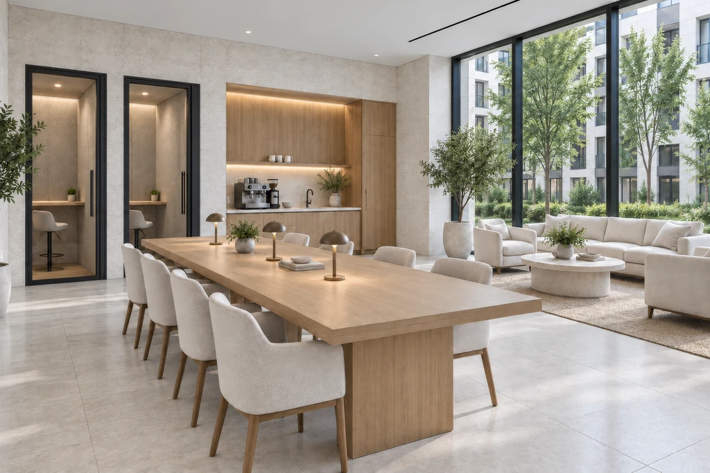 Render of a resident coworking lounge with a long oak table, two glass phone booths, a coffee bar and a sofa area by the windows