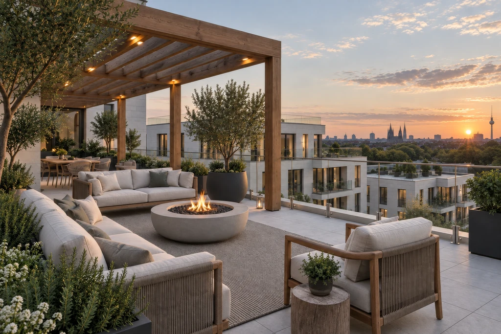 Render of an apartment rooftop deck at sunset with a timber pergola, lounge sofas around a fire pit and planted olive trees