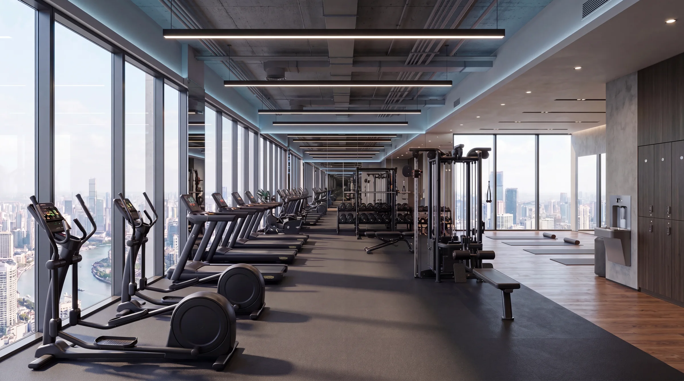 Wide render of a long row of cardio machines in a fitness center with city views
