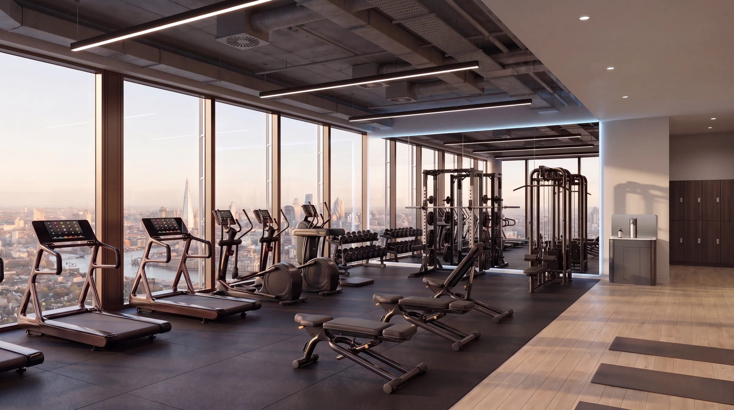 Wide render of a fitness center with treadmills and strength machines along the windows at sunset